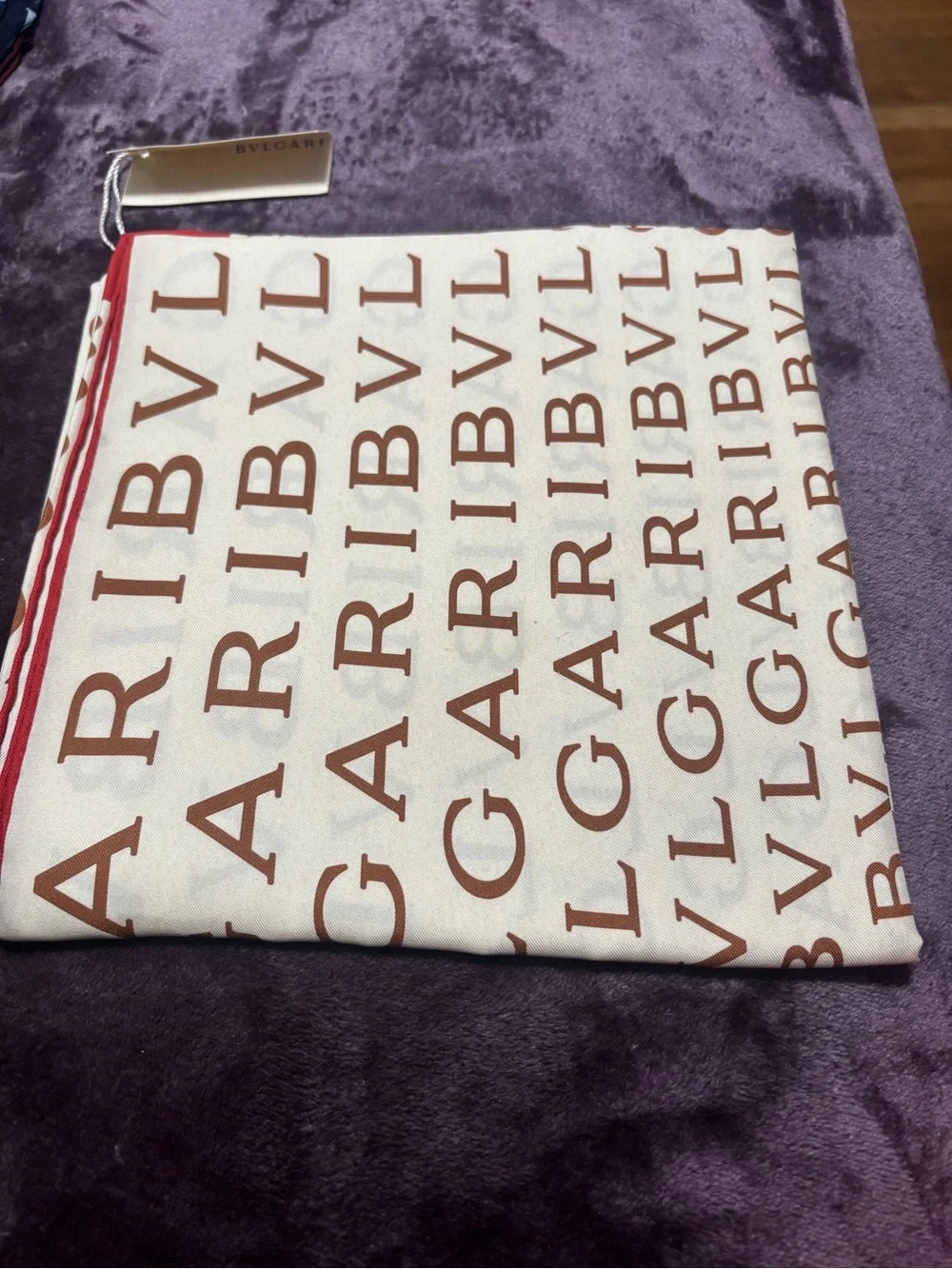 Bulgari Cream Silk Scarf with Brown Logo and Red Edge